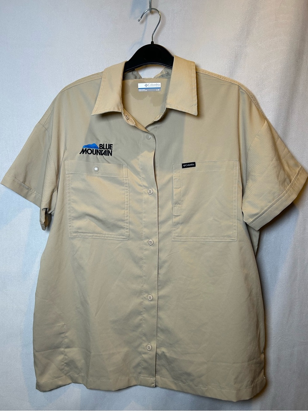 Columbia Silver Ridge Utility Short Sleeve Shirt Blue Mountain Logo UPF Size L